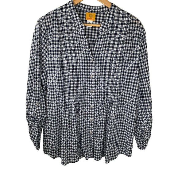 Ruby Rd Top Womens Large Button Down Shirt Blouse Blue Plaid Work Casual Peasant - Picture 1 of 10